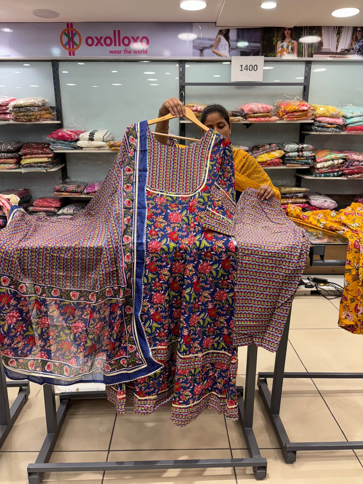 Blue floral laced cotton anarkali set