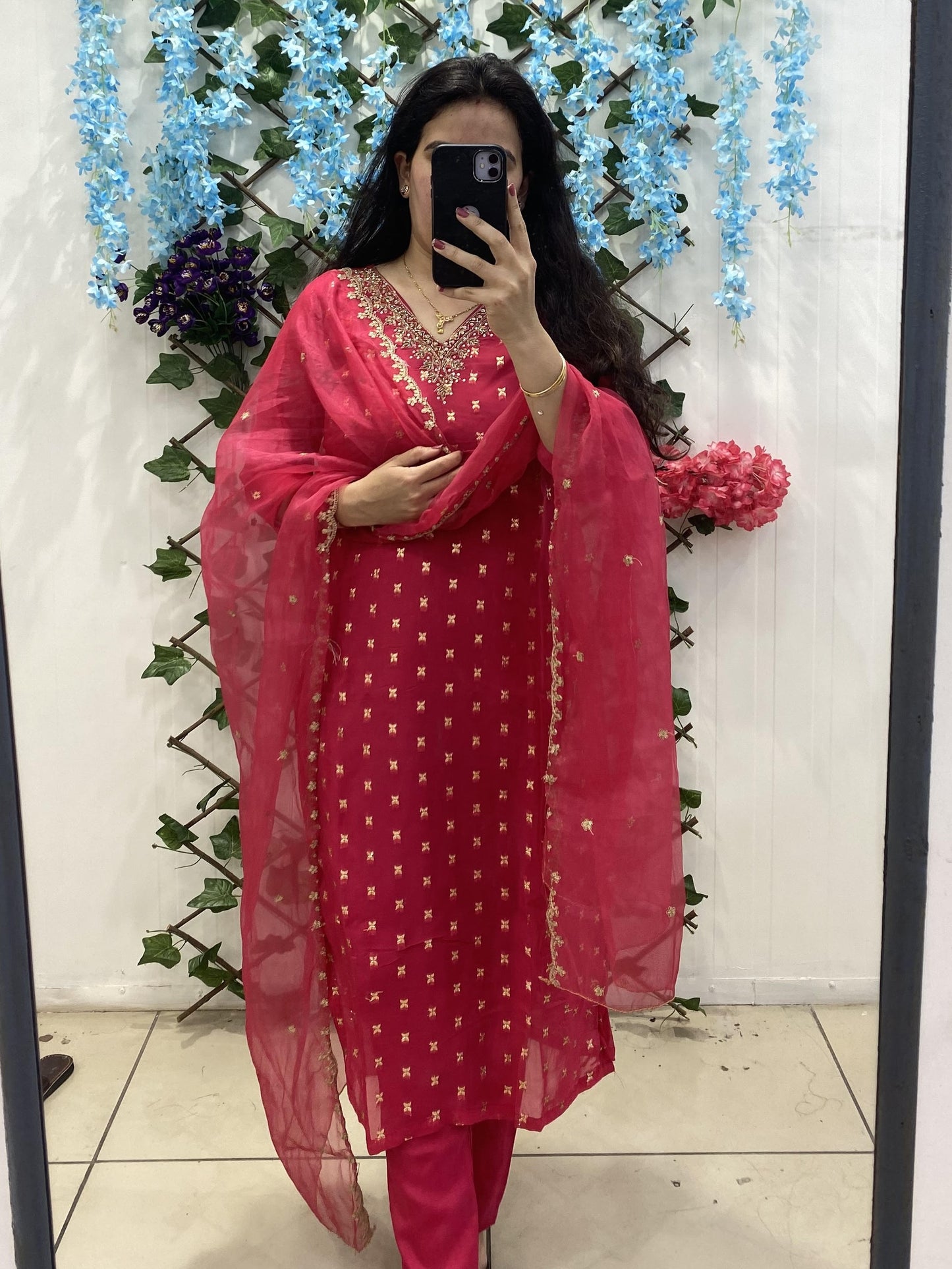 Pinkish Red Organza Suit