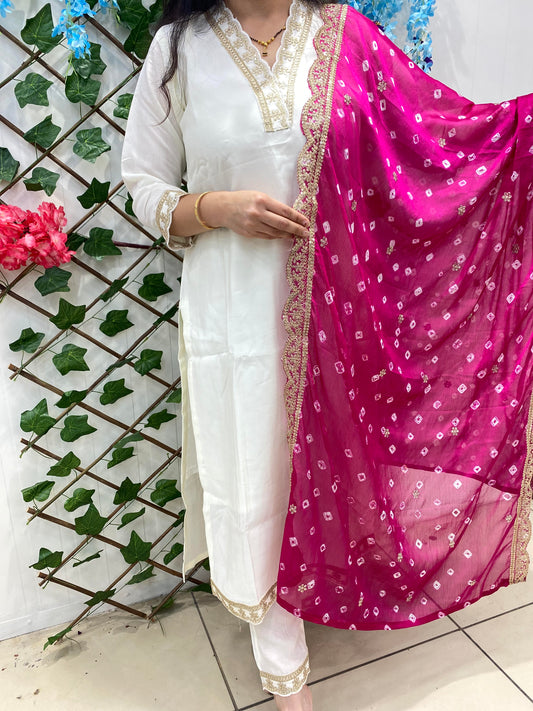 white silk suit with bandhani dupatta