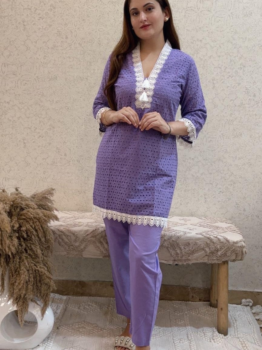 Lavender Schiffli Cotton Coord Set