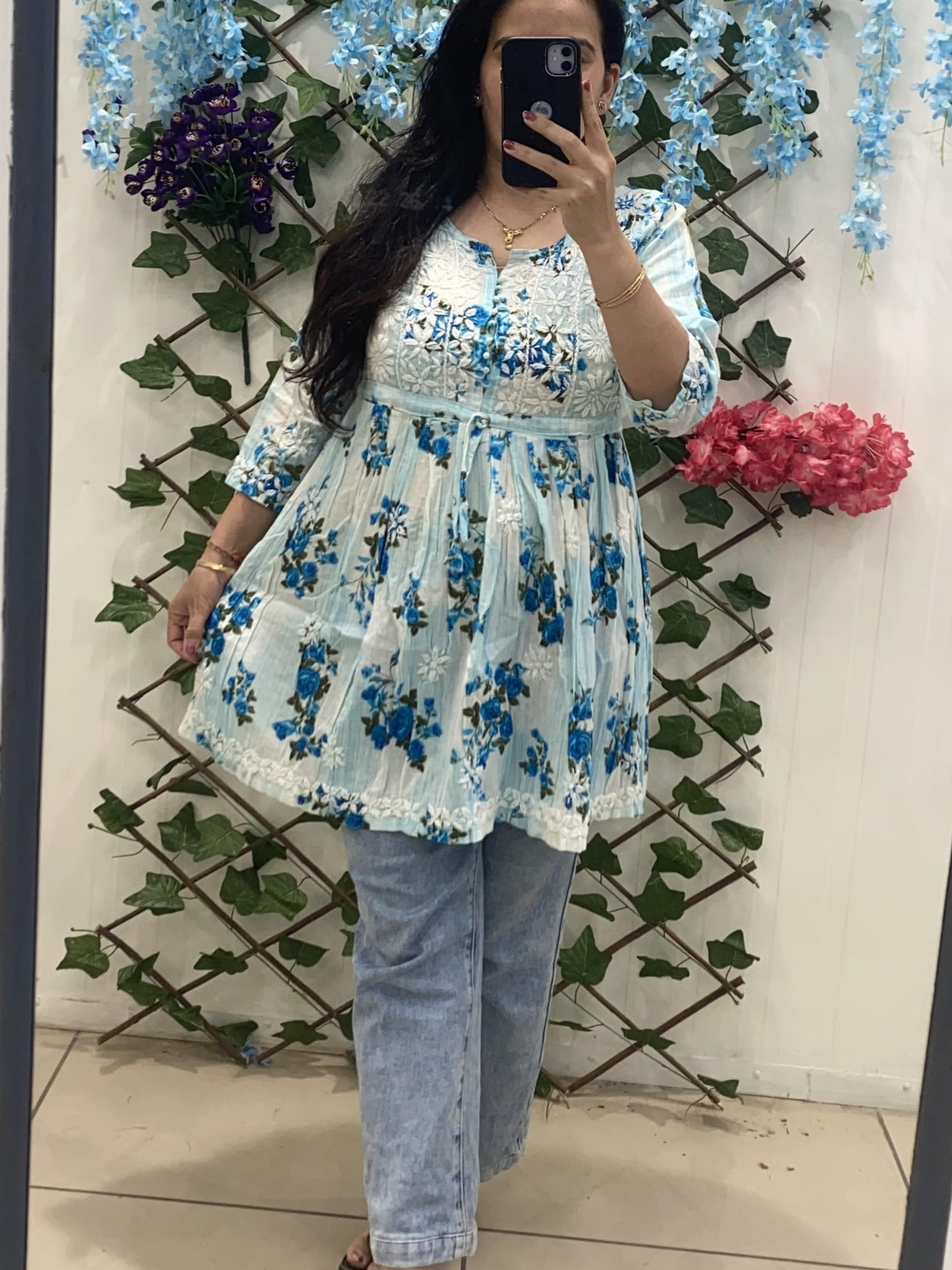 White and Blue Chikankari Short Frock