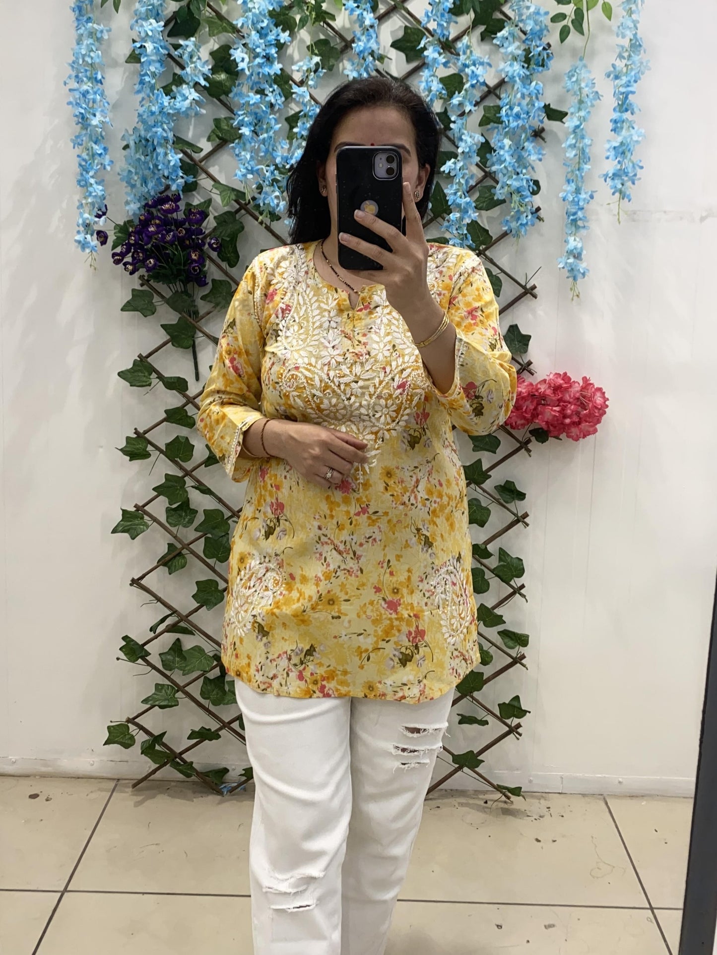 Yellow Cotton Short Chikankari